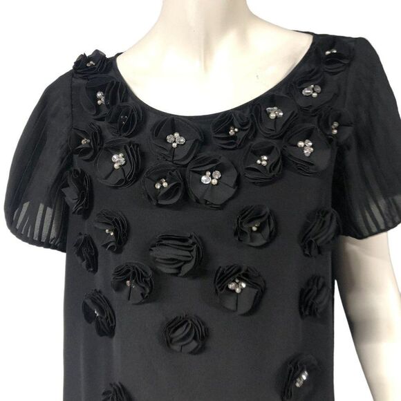 Anne Fontaine Black 3D Flower Steff Silk Blouse Top Pleated Sleeves Womens Size - Picture 2 of 7